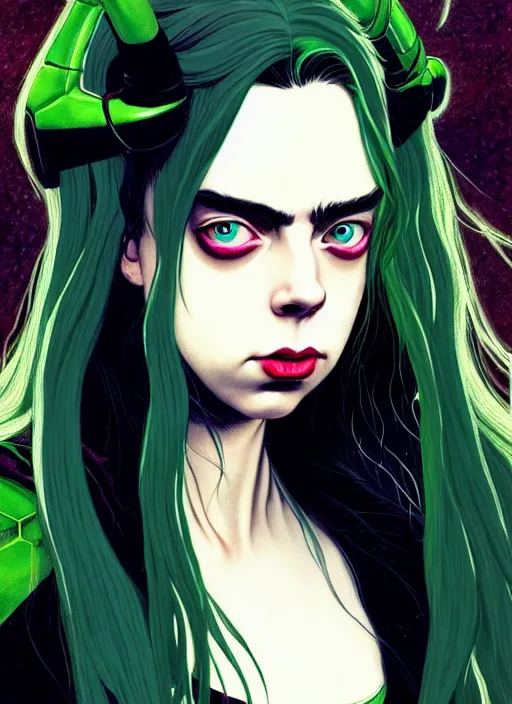 Image similar to Billie Eilish as Female Loki, very detailed, digital art, trending on artstation, fan art, concept art, smooth, illustration, art by Katsuhiro Otomo and Geof Darrow and Phil hale and Ashley wood