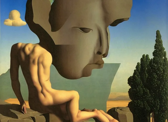 Image similar to a female goddess find forbidden knowledge by rene magritte and salvadore dali