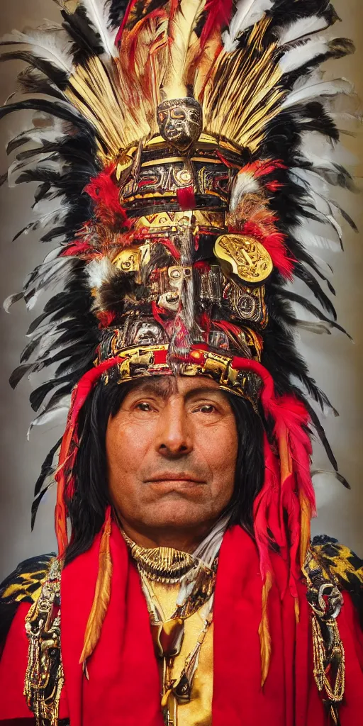 Image similar to portrait of inca king in 1 4 1 8, pacha kutiq inka yupanki. gold jewelry, old headdress with feather, with a red cape. unreal 5, hyper realistic, realistic, photo realistic, dynamic lighting, highly detailed, cinematic landscape, studio landscape, studio lighting