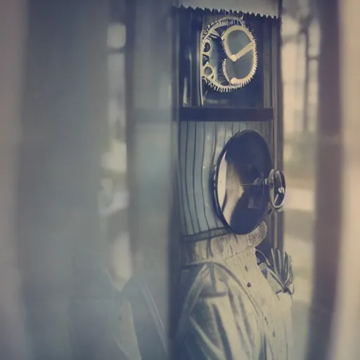 Prompt: close up photo of a clockwork automaton looking into a mirror, soft focus, shallow depth of field, reflective recursion, smooth dreamy autochrome, dim lighting, somber solitary melancholy, silent contemplative atmosphere, 8k