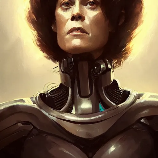 Prompt: portrait of a woman by greg rutkowski, she looks like sigourney weaver, she is wearing a cybernetic heavy armor gear, highly detailed portrait, digital painting, artstation, concept art, smooth, sharp foccus ilustration, artstation hq