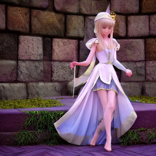 Image similar to a very detailed, ultra-realistic, pleasant, beautiful, funny, smooth 3D CG render, semirealistic anime style, close-up of a gorgeous, cute, gentle, noble priestess magician princess girl wearing dress and jewelry, in a glorious magic kingdom with castle and walls, relaxing calm vibes, fairytale, octane render