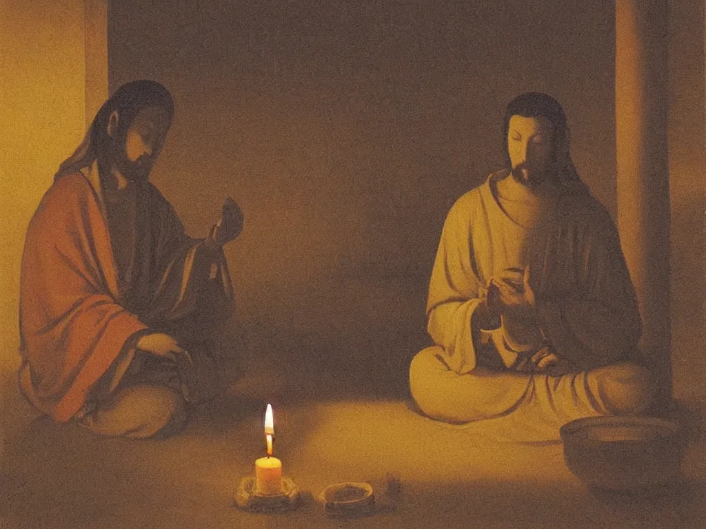 Prompt: Jesus sitting on the ground in a Zen temple. Candle light, small statue with the Buddha. Painting by Georges de la Tour.