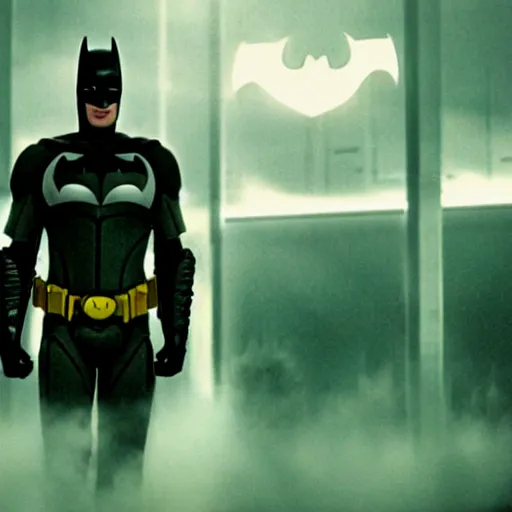 Image similar to movie still of batman cyborg, cinematic composition, cinematic light, criterion collection, by edgar wright