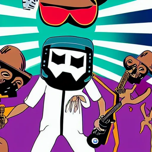 Image similar to cartoon mf doom on a stage with a full band behind him