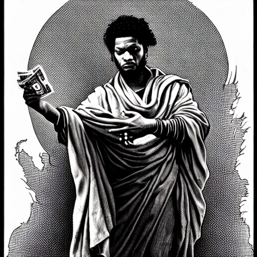 Prompt: highly accurate fredo santana rapper holding stacks of cash, biblical image, style of gustave dore, highly detailed, beautiful, high contrast, black and white