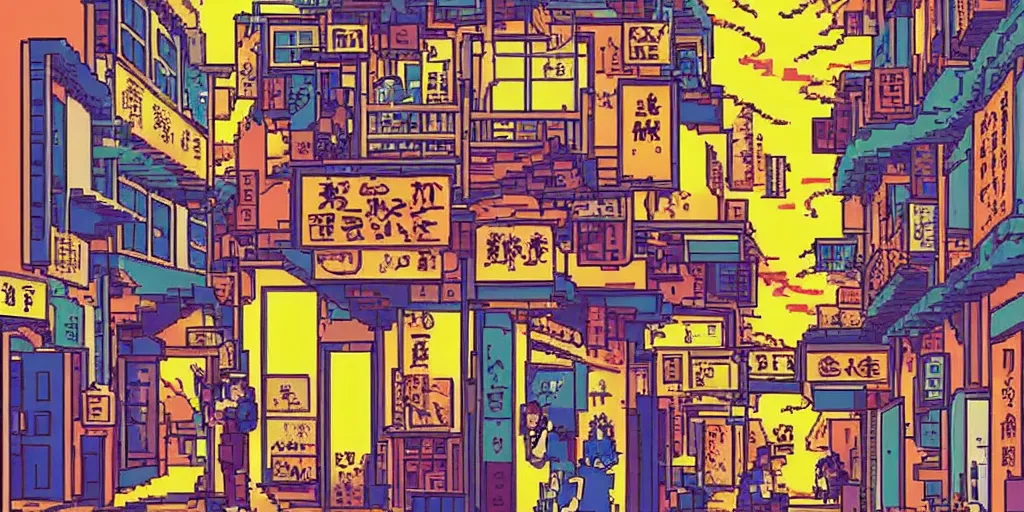 Prompt: golden gai alley, pixel art, sprite, vaporwave nostalgia, directed by beat takeshi, visual novel cg, 8 0 s anime vibe, kimagure orange road, maison ikkoku, sketch by osamu tezuka, directed by makoto shinkai and beat takeshi