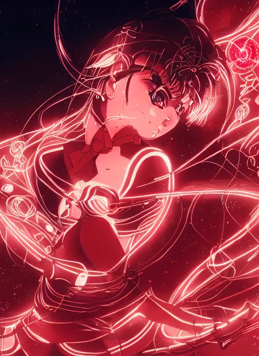 Prompt: sailor moon possing, fluent composition, red and white neon, concept art, ambient light, 4 k, intricate details, highly professionally detailed, cgsociety, highly detailed -