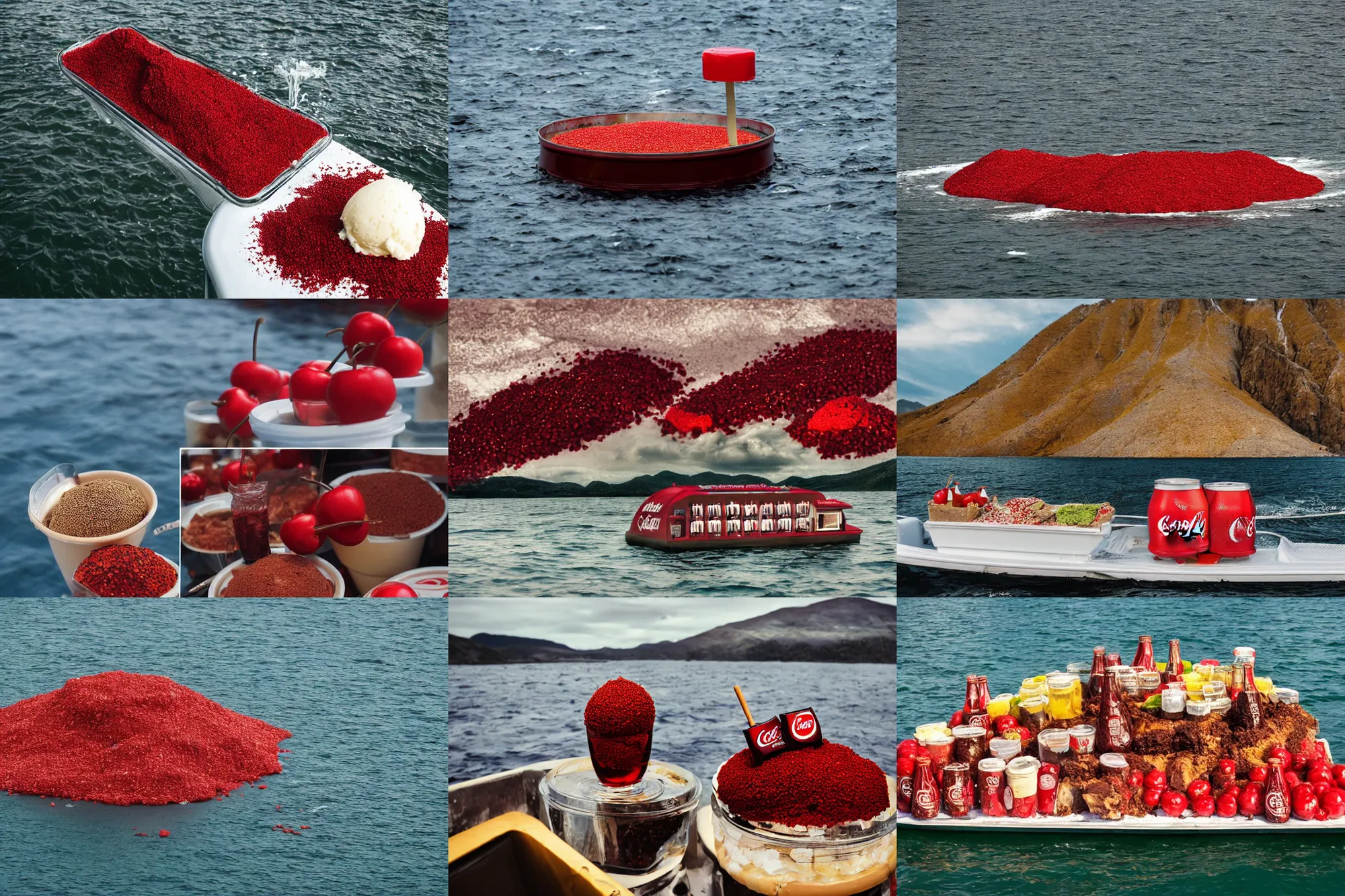 Image similar to an island made of food, around the island instead of water coca - cola ( dark brown ), instead of sand red caviar, instead of mountains ice cream with cherries, photo taken from a boat, 3 5 mm, cinematic