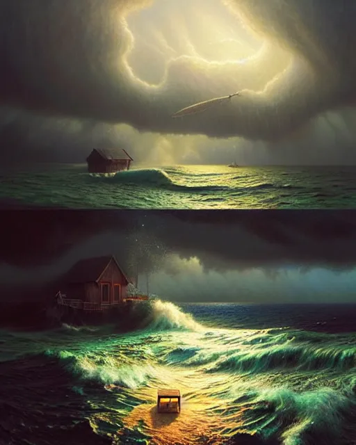 Image similar to a hyper - detailed 3 d render like an oil painting of cabin dreaming of the untamed ocean!!!!! surreal concept art, lifelike, photorealistic, digital painting, aesthetic, smooth, sharp focus, artstation hd, by greg rutkowski, bruce pennington, valentina remenar, rhads, asher duran,