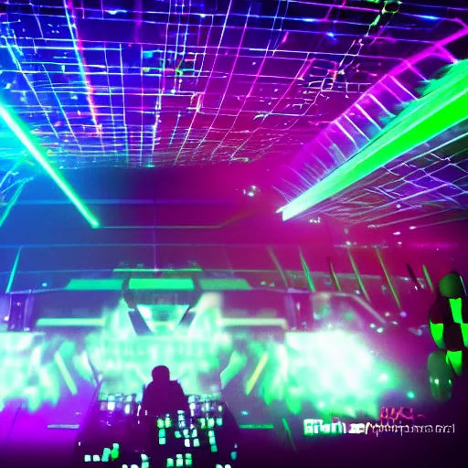 Image similar to hyper-futuristic hologram dj rave from the future. huge music festival. gigantic speakers with lasers and lights. photorealistic 35mm 4k