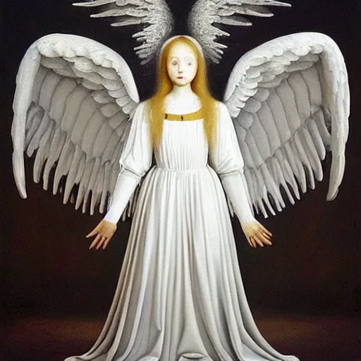 Image similar to highdetailed hyperrealistic painting of white angel!!! no gender smiling noface!!!, light instead of hands, white sparkles everywhere, 4 k hd face!!!, big silver high detailed wings!!!, renaissance, by jan van eyck, by gerhard richter, holography space, glow effect, large strokes, monochrome!!!!!