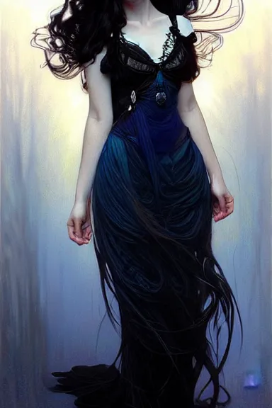 Image similar to portrait of teenage girl with long glossy black hair, blue eyes, glowing skin, fashion model features, fantasy, intricate, elegant, black dress, highly detailed, digital painting, artstation, concept art, smooth, sharp focus, illustration, art by Krenz Cushart and Artem Demura and alphonse mucha