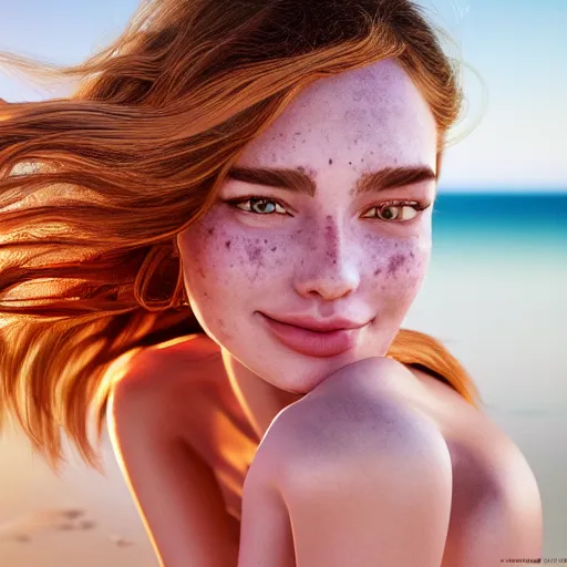 Image similar to beautiful serene intricate portrait of a cute thin young woman, red blush, cute freckles, smug smile, modern clothes, relaxing on the beach, golden hour, close up shot, soft focus, 8 k, art by irakli nadar, hyperrealism, hyperdetailed, ultra realistic