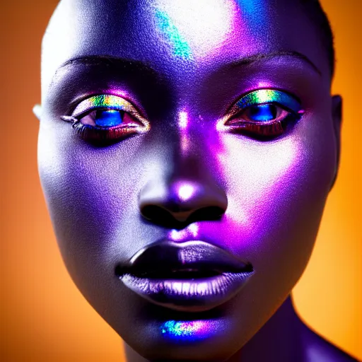 Image similar to portrait photograph of iridescent metalic face, african woman, iridescent reflections, proud looking, blue sky, 8 k, realistic, depth of field, highly detailed, art photography