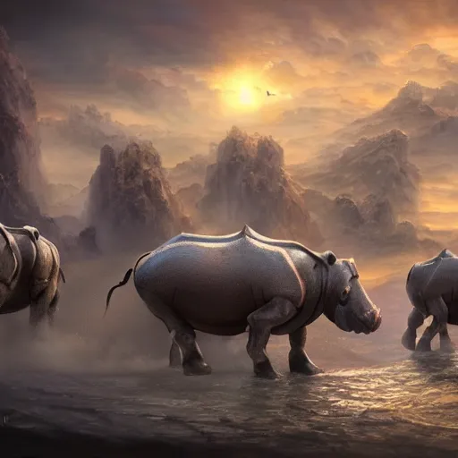 Prompt: fantasy art 4 k photo of knight armored hippos ready for battle