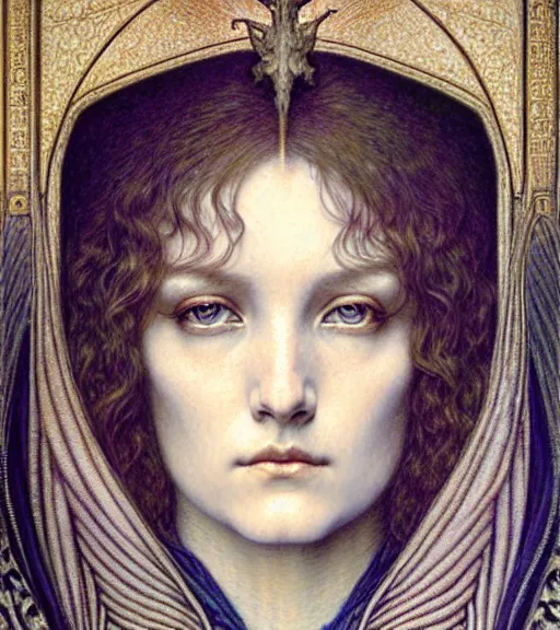 Image similar to detailed realistic beautiful young medieval queen face portrait by jean delville, gustave dore and marco mazzoni, art nouveau, symbolist, visionary, gothic, pre - raphaelite. horizontal symmetry