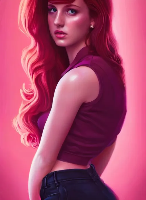 Image similar to full body portrait of teenage cheryl blossom, bangs, green eyes, sultry expression, red hair, sultry smirk, bangs and wavy hair, pink shirt, intricate, elegant, glowing lights, highly detailed, digital painting, artstation, concept art, smooth, sharp focus, illustration, art by wlop, mars ravelo and greg rutkowski