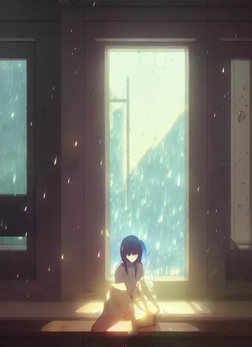 Image similar to interior, near the window, rainy outside, illustration concept art anime key visual trending pixiv fanbox by wlop and greg rutkowski and makoto shinkai and studio ghibli