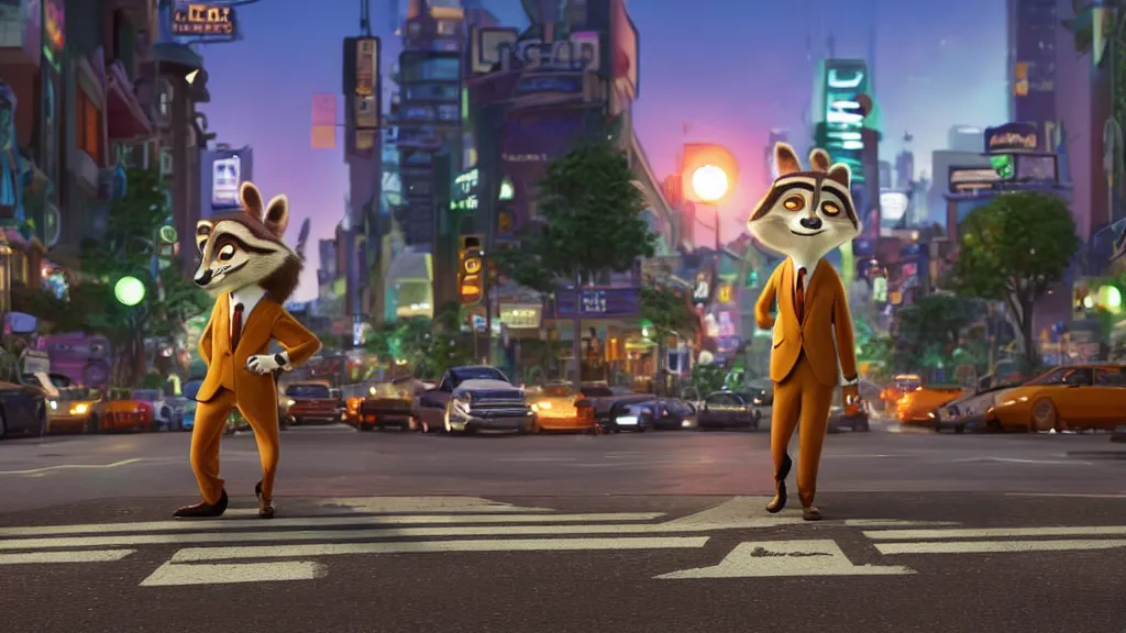 Prompt: An anthropomorphic raccoon businessman is walking down a busy crosswalk at sunset, warm lighting with an orange glow blanketing the cityscape, zootopia, other anthropomorphic characters are walking by him, extremely detailed, HDR, sideview, dramatic, lots of cars and animal people in the background, detailed face and eyes, visible pupils