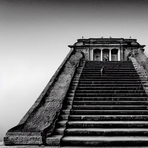 Image similar to black and white surreal photograph, highly detailed vast space made of stairsteps, sideview, detailed textures, natural light, mist, architecture photography, film grain, soft vignette, sigma 1 4 mm f / 1. 4 1 / 1 0 sec shutter, darren aronofsky film still promotional image, imax 7 0 mm footage