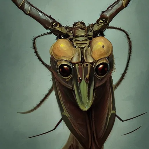 Image similar to portrait of brown anthropomorphic mantis religiosa ; hard predatory look ; d & d rogue ; flat triangle - shaped head with thin thread - like antennae ; concept art ; artstation ; 8 k ; wallpapers ; heavy contrast ; cinematic art ; cgsociety ; art by greg rutkowski and artgerm