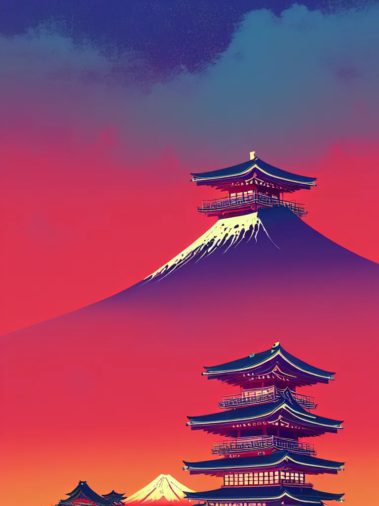 Prompt: a travel poster illustration depicting a japanese pagoda with mount fuji, vintage style, detailed illustration, digital painting, vector art, trending on artstration, by anton fadeev, by alena aenami