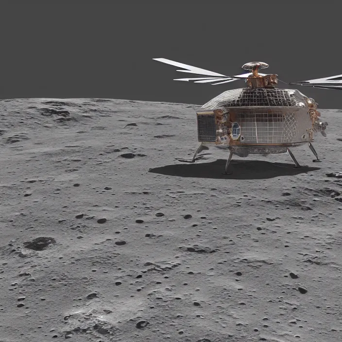 Prompt: a 3 d render of a metallic astronaut helicopter on the moon, 8 k, realistic, dynamic, artstation, digital art