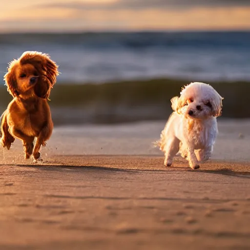 Prompt: a photorealistic closeup image of a cute brown colored long haired chihuahua cocker spaniel dog playing with a happy white bichon frise puppy on the beach. sunset, surf. brightly lit. extreme detail. 4 k hd unreal engine