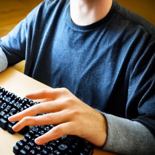 Image similar to Man holding a mechanical keyboard, close up portrait