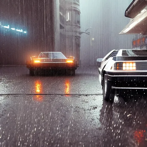 Image similar to hyperdetailed, photorealistic photograph of a dmc 1 2 delorean driving in the streets, rain, night, dense fog, hd, unreal engine 5