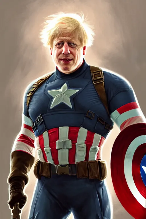 Image similar to Boris Johnson as Captain America, realistic portrait, symmetrical, highly detailed, digital painting, artstation, concept art, smooth, sharp focus, illustration, cinematic lighting, art by artgerm and greg rutkowski and alphonse mucha