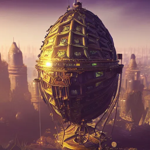 Image similar to enormous flying city in a faberge egg, sky, steampunk, fantasy art, masterpiece, unreal engine