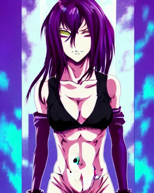 Image similar to style of madhouse studio anime, black lagoon manga, loish, artgerm, comic art, portrait of revy from black lagoon, symmetrical eyes and symmetrical face, jean shorts, white tank top, purple hair, sarcastic evil smirk on face, sky and ocean background