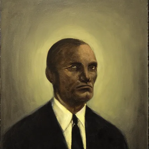 Prompt: A painting of a man in a dark suit, with a stern expression and a dark background, monochromatic.