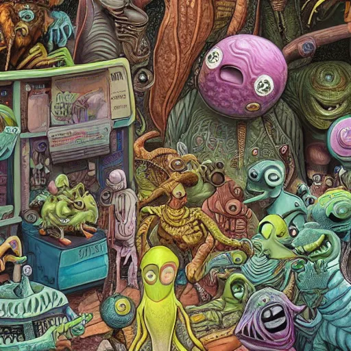 Image similar to crowded extraterrestrial bazaar on another planet, Jim Henson creature shop, highly detailed, illustration