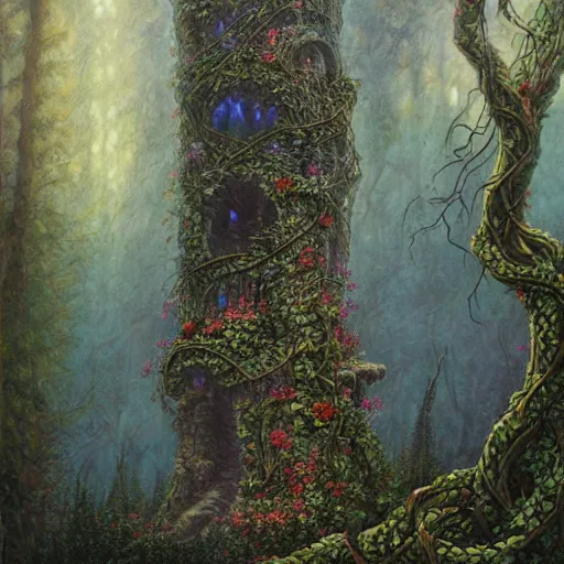 Prompt: fantasy stone tower covered in vines and flowers, misty forest, highly detailed, realistic, boris vallejo