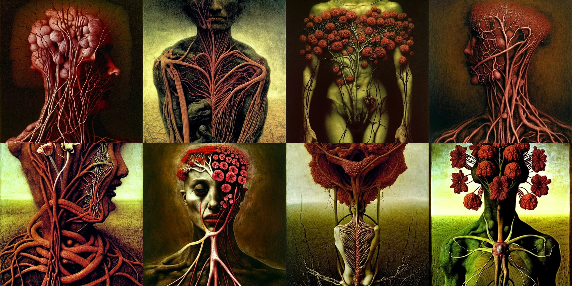 Prompt: a flower made of veins and muscle tissue growing from the earth, elegant, dark, by ambrosius benson and beksinski, a touch of giuseppe arcimboldo, realistic, renaissance, zoomed out, epic shot