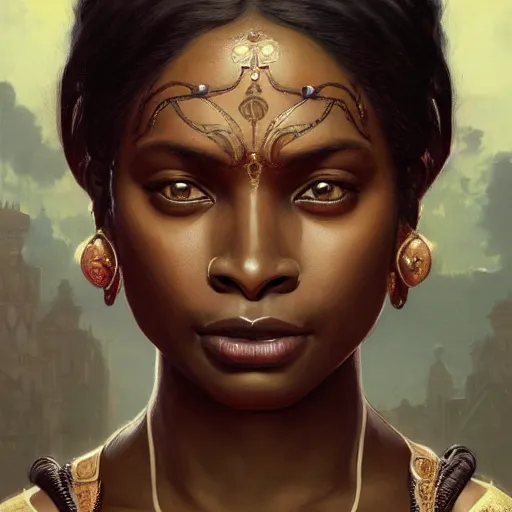 Image similar to portrait painting of a black muscular south indian woman, sari, ultra realistic, concept art, intricate details, eerie, horror, highly detailed, photorealistic, octane render, 8 k, unreal engine. art by artgerm and greg rutkowski and alphonse mucha