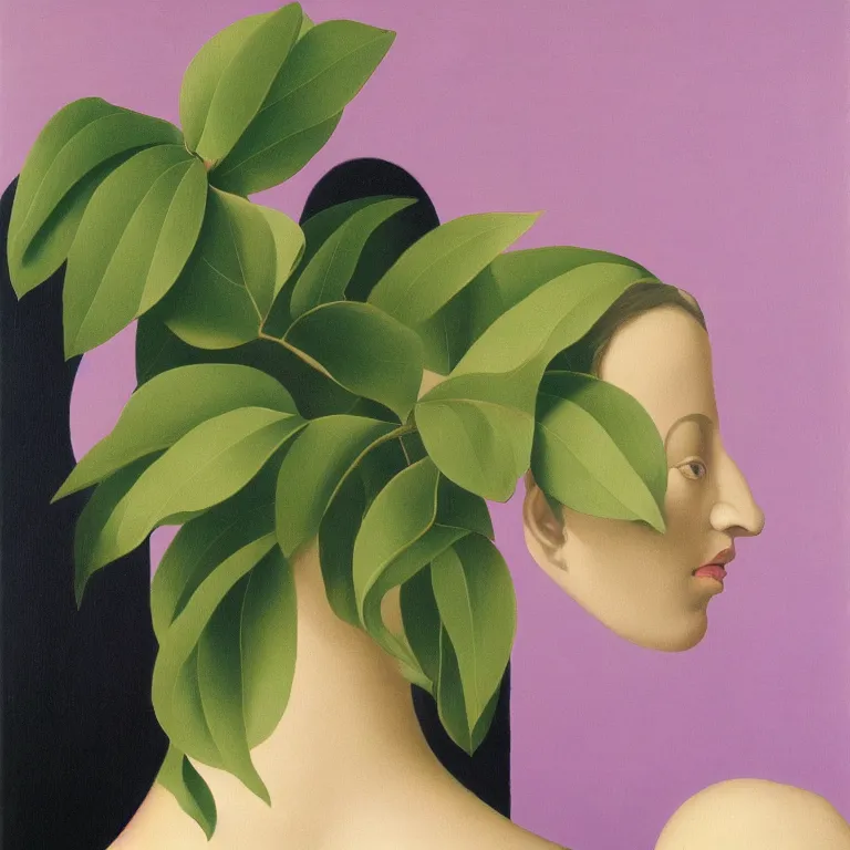 Prompt: portrait of a faceless lavender and camellia flower - head black woman by rene magritte, detailed painting, distance, centered, hd, hq, high resolution, high detail, 4 k, 8 k