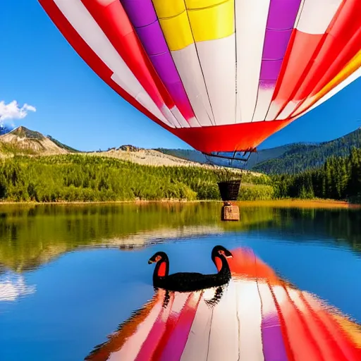 Image similar to photo of two black swans touching heads in a beautiful reflective mountain lake, a colorful hot air balloon is flying above the swans, hot air balloon, intricate, 8k highly professionally detailed, HDR, CGsociety