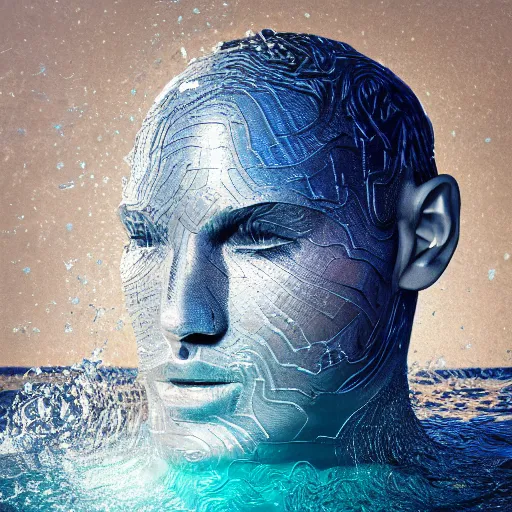 Image similar to water artwork manipulation in the shape of a human head, on the ocean water, futuristic, abstract art, glowing, gradient, hyper realistic, ray tracing, realistic water, sharp focus, long shot, 8 k resolution, cinematic, photoshop water art