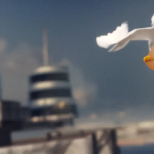 Image similar to a seagull wearing aviator goggles firing a machinegun, 3D render, unreal engine 5