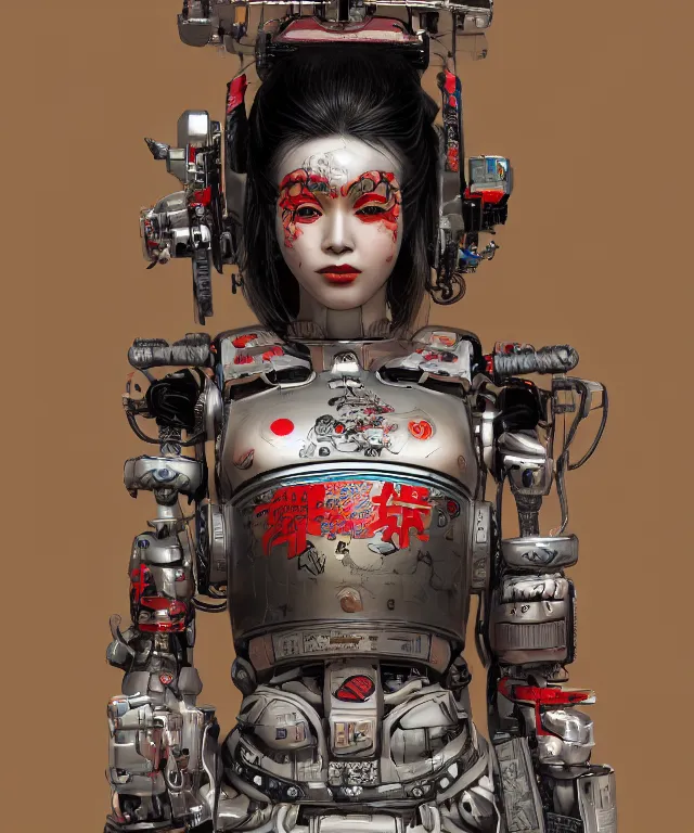 Image similar to an epic fantastic realism comic book style portrait painting of a japanese robotic geisha with kanji tattoos and decals, apex legends, octane render, intricate detail, 4 k hd, unreal engine 5