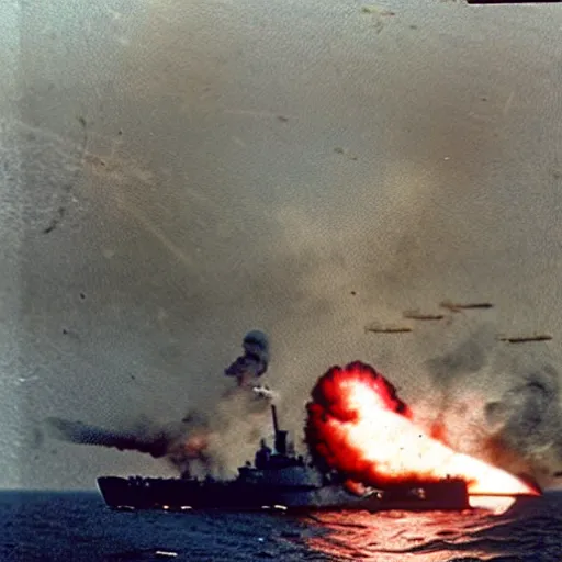 Image similar to view from the deck of a batteship firing a broadside, kamikaze planes diving, world war ii, high resolution colour photo