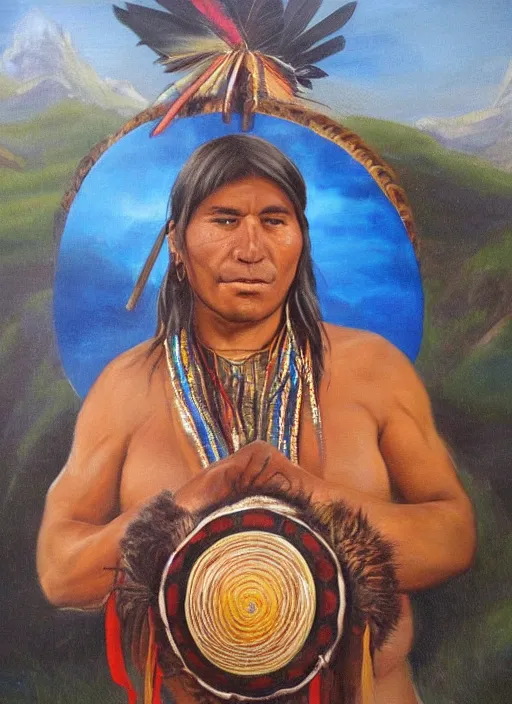 Prompt: a beautiful painting of an indigenous man holding a highly decorated round shamanic drum, fantasy art, matte painting