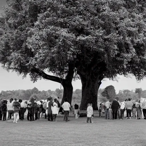 Image similar to a group of people in a park staring up at a gigantic tree, professional monochromatic artwork