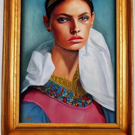 Image similar to hyperrealism oil painting, portrait of fashion model in traditional ukrainian vyshyvanka