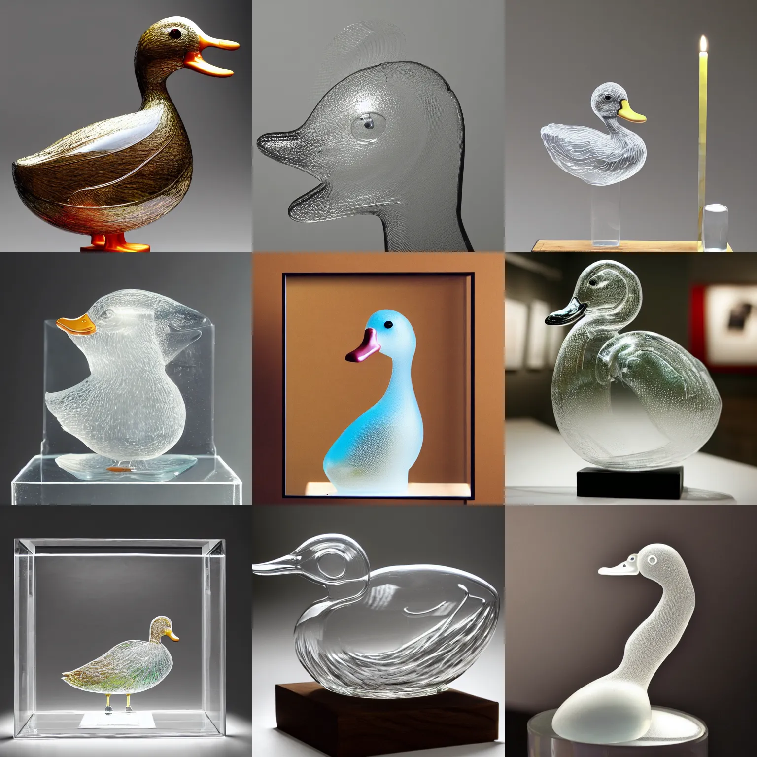 Prompt: portrait of a transparent sculpture of a duck made out of glass on the table of a gallery, fantasy, trending on artstation