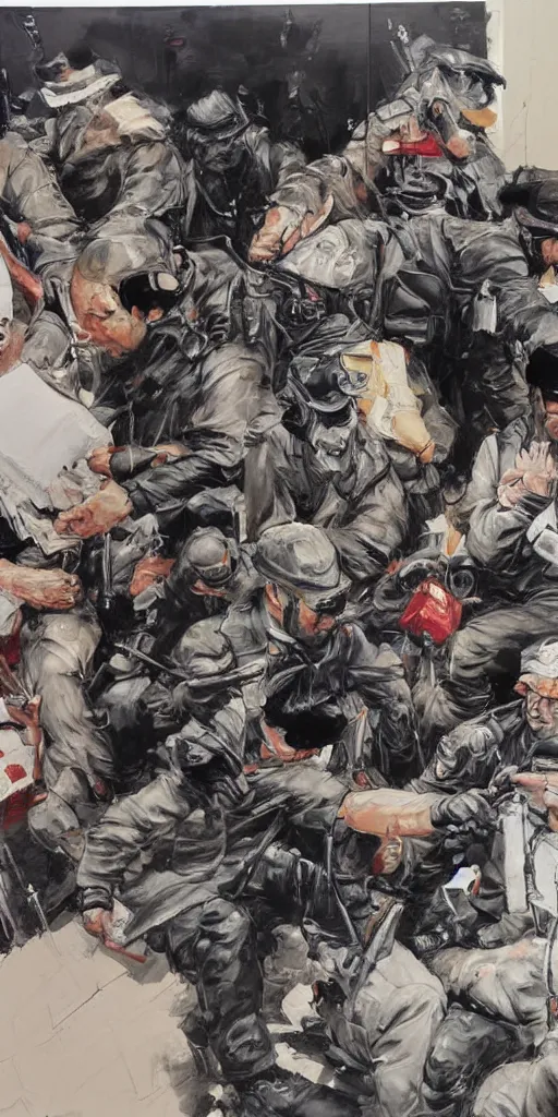 Image similar to oil painting scene from police office by kim jung gi